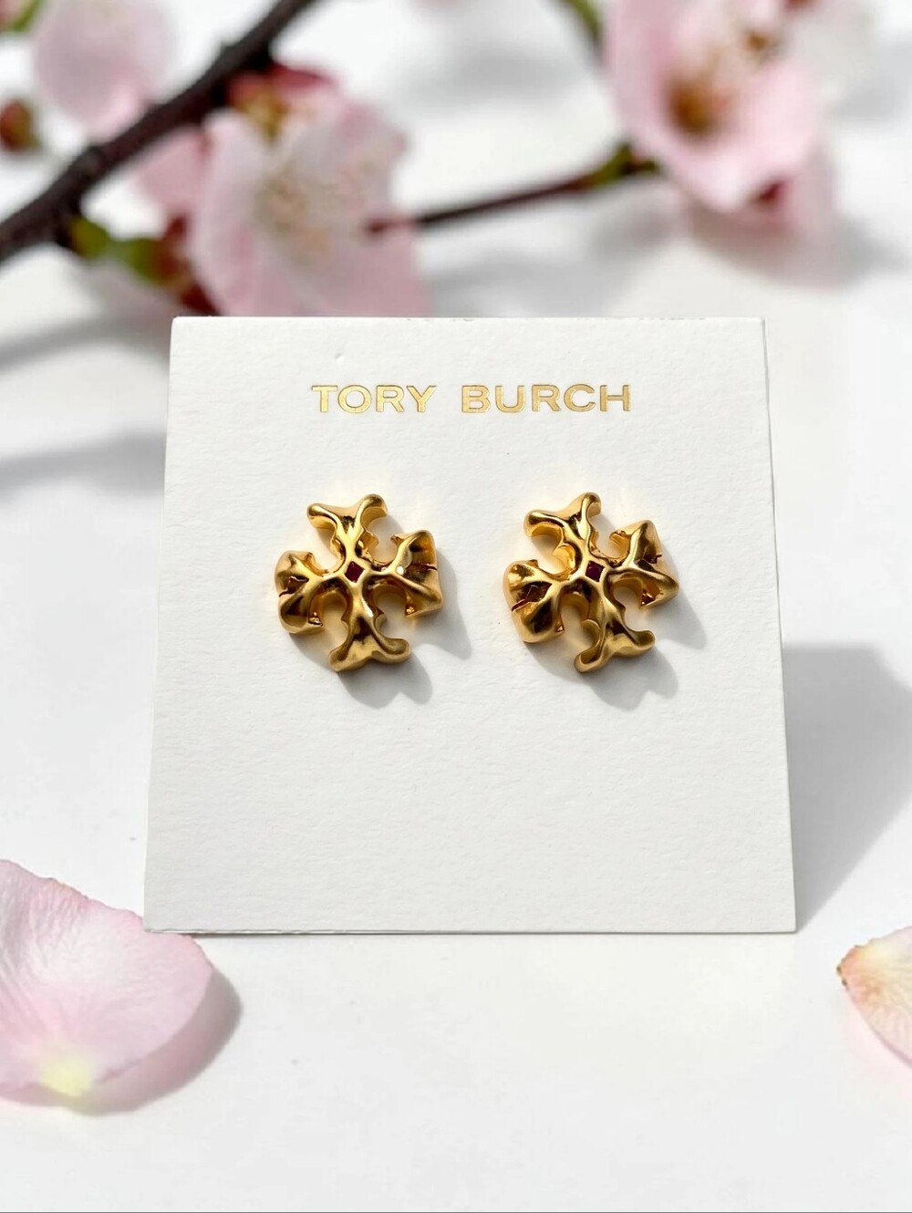 Tory Burch Roxanne Gold Wavy Floral Logo Stud Earrings